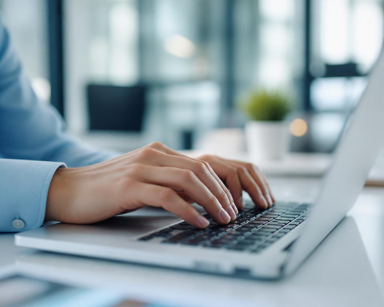 Mains sur un clavier d'ordinateur portable dans un bureau lumineux